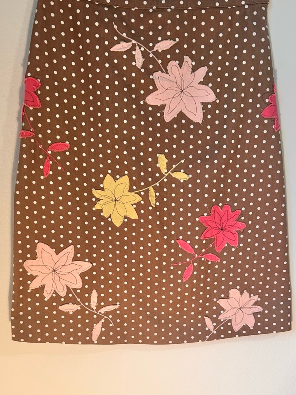 Boden Brown Polka Dot Skirt Embroidered Floral Appliqué Midi A-Line Size 12